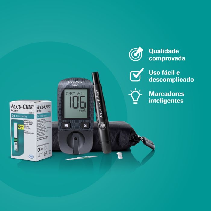 Accu-Chek Medidor de Glicose no Sangue Ativo, Kit Precision Importado Home, Diabetes Self-test