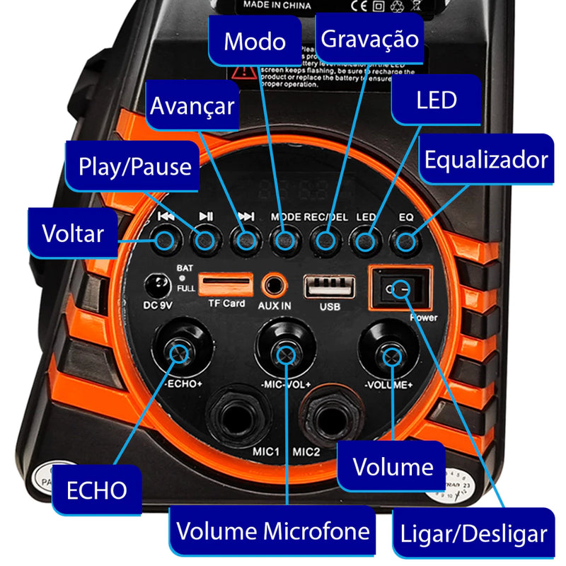 Caixa de Som Grande Potente Portátil Bluetooth com Microfone 60W Multimídia XDG-37 MARCA XTRAD