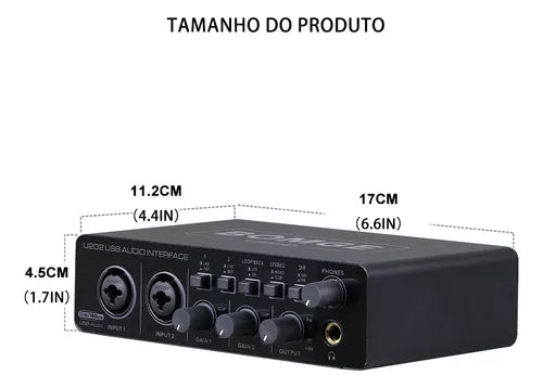 BOMGE-USB Interface de áudio com pré-amplificador de microfone, U202, XLR, TSR, portas TS, 48V, 32 bits, Resolução 192kHz para gravação em computador, Stream