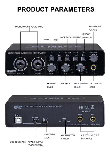 BOMGE-USB Interface de áudio com pré-amplificador de microfone, U202, XLR, TSR, portas TS, 48V, 32 bits, Resolução 192kHz para gravação em computador, Stream