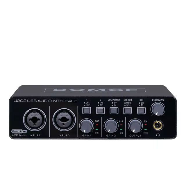 BOMGE-USB Interface de áudio com pré-amplificador de microfone, U202, XLR, TSR, portas TS, 48V, 32 bits, Resolução 192kHz para gravação em computador, Stream