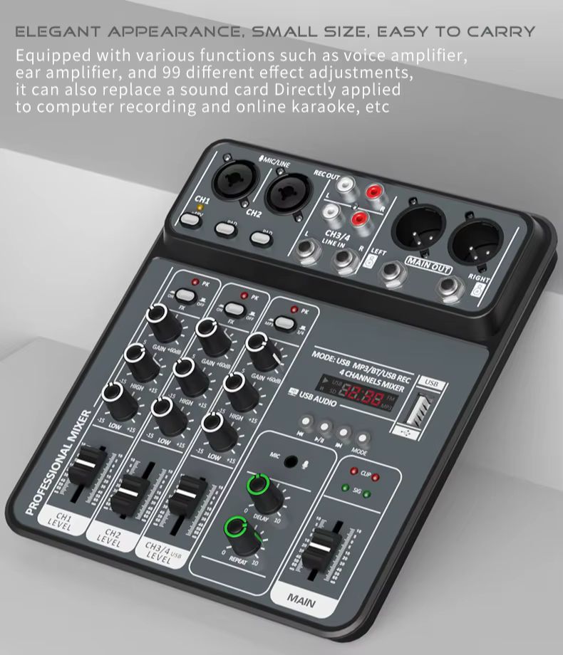 Mixer de áudio de 4 canais 48V Phantom Power USB Studio Sound Mixers Bluetooth DJ Console Mixing para Karaok