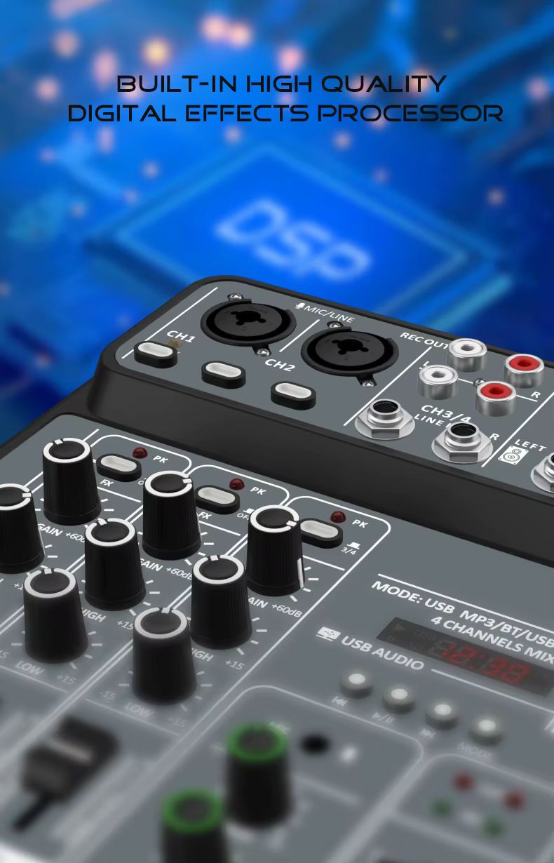 Mixer de áudio de 4 canais 48V Phantom Power USB Studio Sound Mixers Bluetooth DJ Console Mixing para Karaok