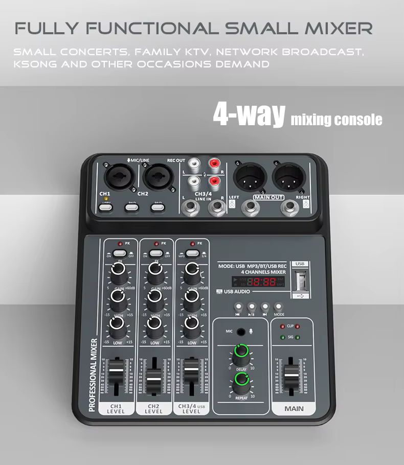 Mixer de áudio de 4 canais 48V Phantom Power USB Studio Sound Mixers Bluetooth DJ Console Mixing para Karaok